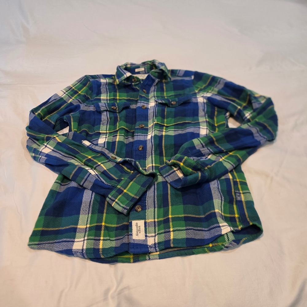 Abercrombie & Fitch Flannel Shirt Mens M Blue Green Excellent Muscle Fit Plaid